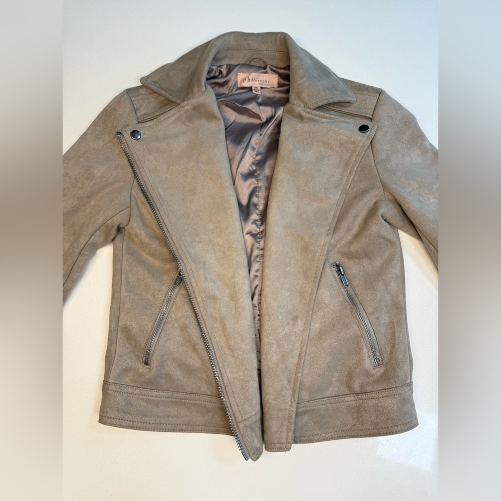 PHILOSOPHY Faux Leather/Suede Zip Up Moto Bomber Jacket Size XS in Taupe - Picture 3 of 15